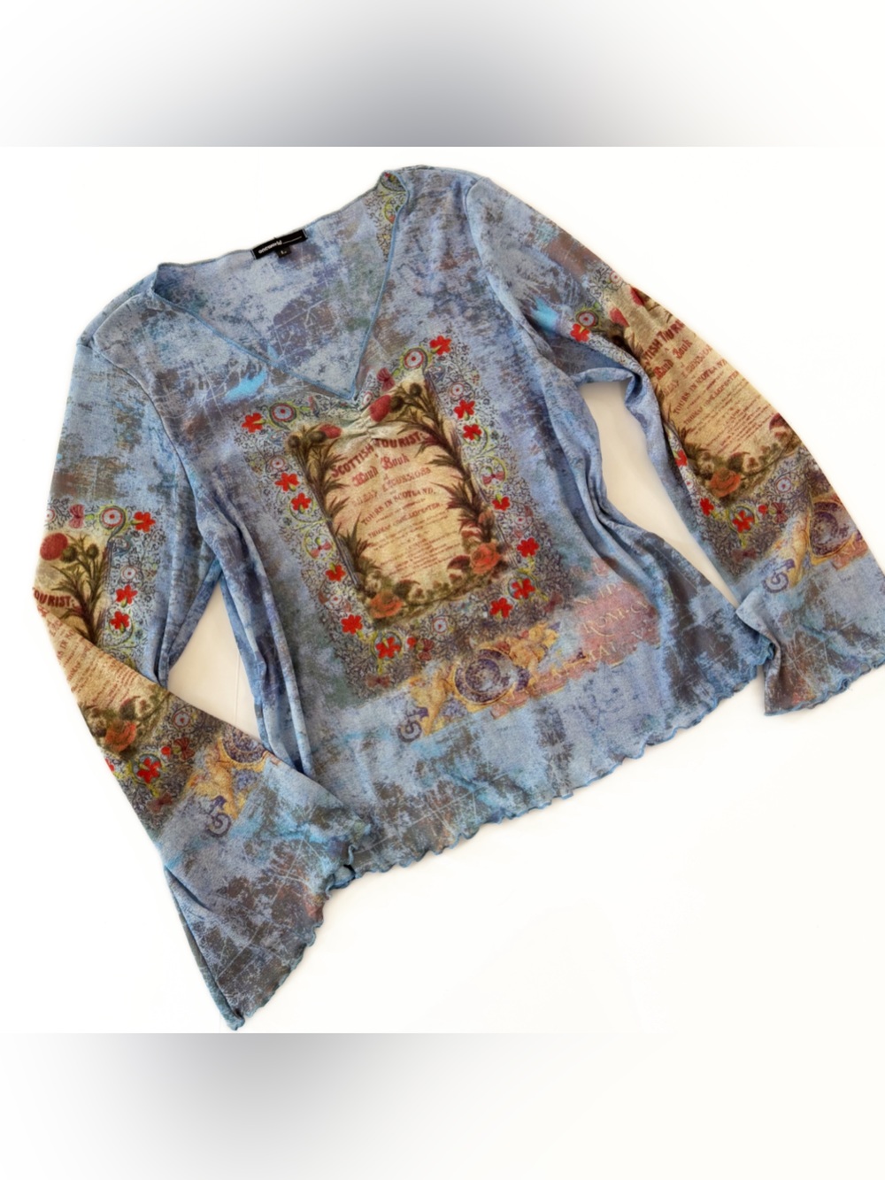 VTG Y2K One World Blue Bell Sleeve Sublimation Print Mesh Shirt Womens Large